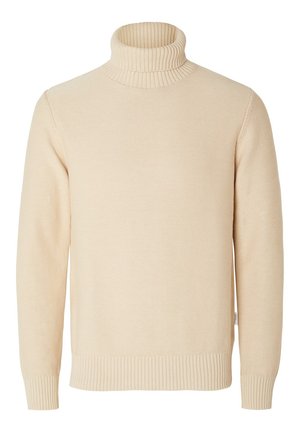 Beige Rollkragenpullover aus Strickstoff, mit gerippten Bündchen und Saum, einer glatten Textur und einer lockeren Passform.