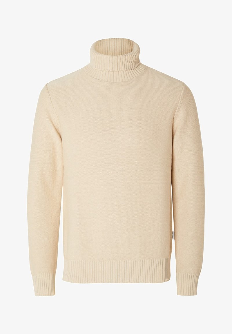 Beige turtleneck neulepusero, joka on valmistettu neulotusta kankaasta. Siinä on ribbireunukset hihansuissa ja helmasssa, sileä pinta ja rento malli.