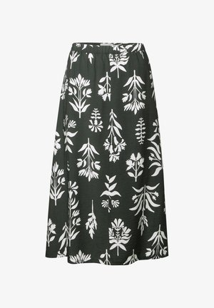 Blomsterkjole i mørkegrøn stof med hvide botaniske print. Har en elastisk talje og et svævende design. Mellemlang længde.