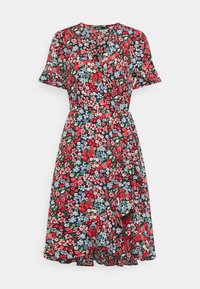 Blumenkleid mit schwarzem Hintergrund und roten, blauen und rosa Blumen, kurzen Ärmeln, V-Ausschnitt und ausgestellt geschnittenem Saum.