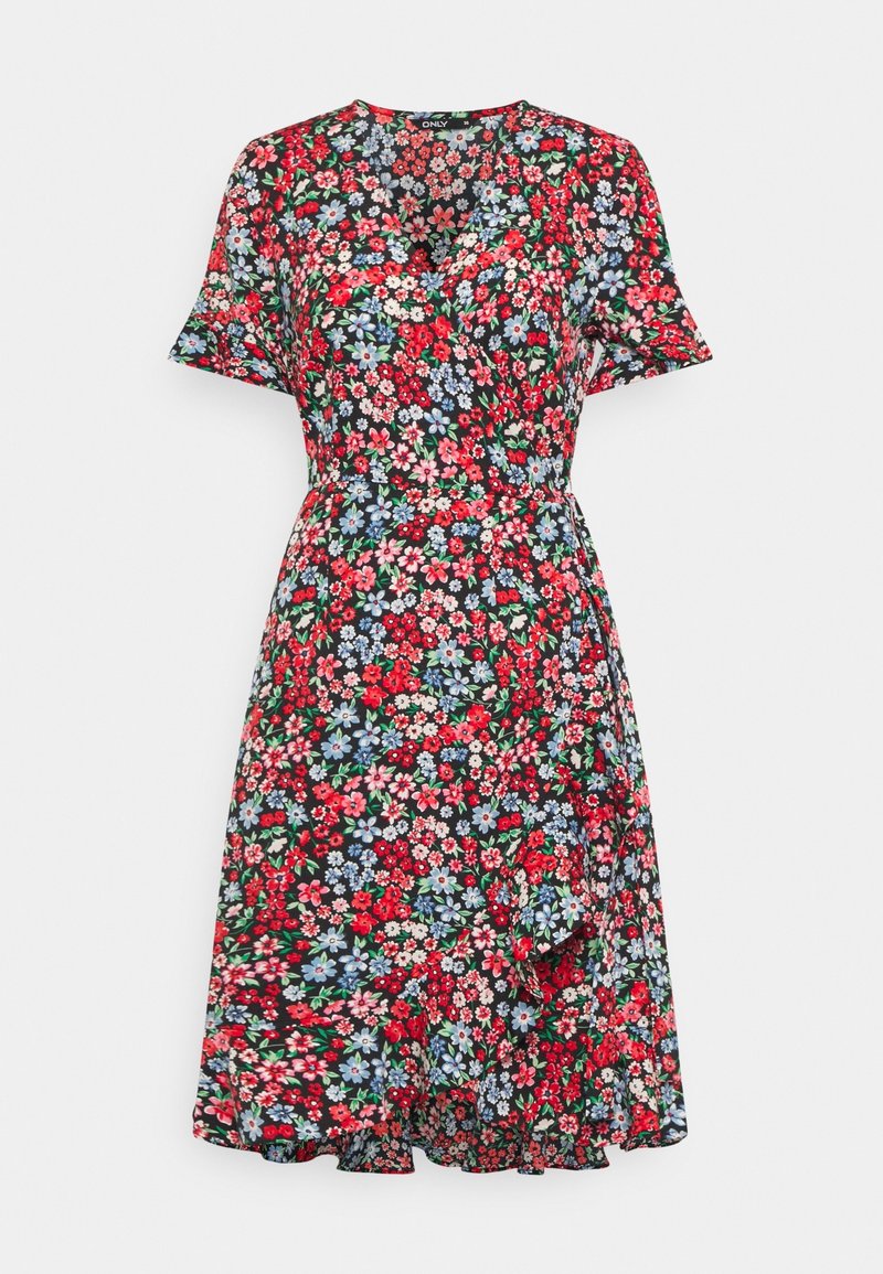 Blumenkleid mit schwarzem Hintergrund und roten, blauen und rosa Blumen, kurzen Ärmeln, V-Ausschnitt und ausgestellt geschnittenem Saum.