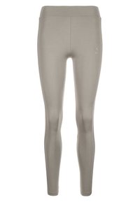 Leggings a vita alta e aderenti di un grigio chiaro, realizzati in un tessuto liscio ed elasticizzato, con minimal branding e senza cuciture visibili.