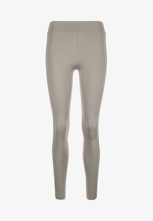 Korkeavyötäröiset, vartalonmyötäiset legginsit vaaleanharmaana, valmistettu sileästä ja joustavasta kankaasta, jossa on minimaalinen brändäys ja ei näkyviä saumoja.