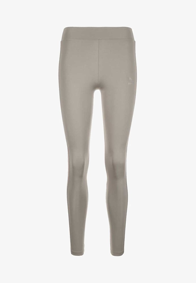 Leggings a vita alta e aderenti di un grigio chiaro, realizzati in un tessuto liscio ed elasticizzato, con minimal branding e senza cuciture visibili.