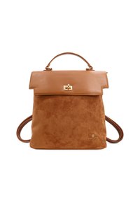 Zaino in suede e pelle marrone con manico superiore, chiusura dorata e spallacci regolabili su uno sfondo bianco.