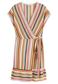 Gestreiftes Wickelkleid in Orange, Gelb, Grün und Weiß. Kurze Ärmel, V-Ausschnitt, gebundenem Taillenbereich und Rüschensaum. Leichter Stoff, strukturierter Muster.
