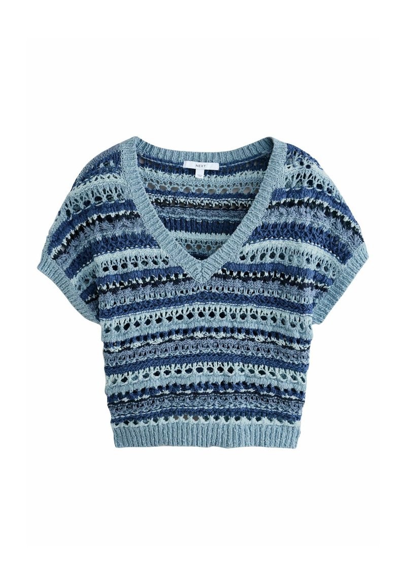Maglione a maglia blu e azzurro chiaro con scollo a V, maniche corte e un motivo a righe testurizzato con dettagli a traforo.