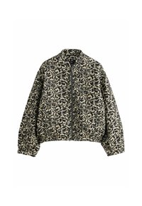 Beige and black patterned zip-up jacket with long sleeves and a ribbed collar, displayed against a white background.