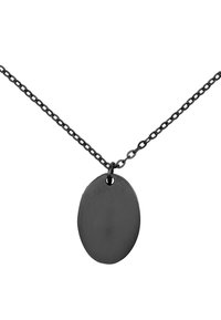 Collier en métal noir avec un pendentif ovale à la surface lisse, fixé à une chaîne maillée. Design simple et minimaliste.