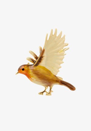 Figura de ave de porcelana con vibrantes tonos amarillos, marrones y naranjas, alas detalladas y acentos dorados. Texturización realista en todo su cuerpo.