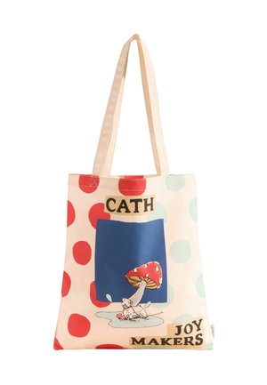 Canvas-Umhängetasche mit pastellfarbenen Punkten, einem blauen Rechteck mit einer Pilzillustration und schwarzem Text, der "CATH JOY MAKERS" liest.
