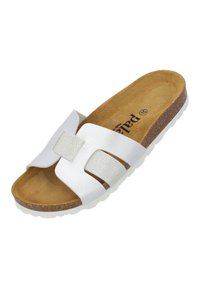 Sandales blanches à glissière avec deux bandes, l'une en matériau lisse et l'autre avec un accent texturé et scintillant. Semelle en liège et semelle extérieure blanche.