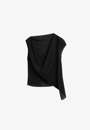 Top nero con davanti drappeggiato, maniche corte e design fluente. Realizzato in tessuto morbido con una texture liscia, orlo leggermente irregolare.