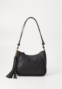 Black leather handbag with a textured finish, curved shape, gold hardware, and a decorative tassel. Features an adjustable strap and zipper closure.