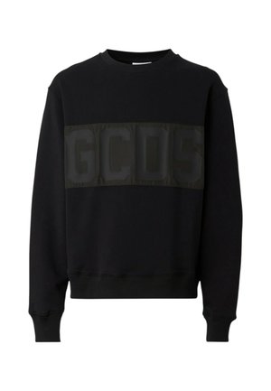 Felpa nera a maniche lunghe con polsini e orlo a costine, caratterizzata da una fascia orizzontale scura sul petto con lettere GCDS in rilievo.