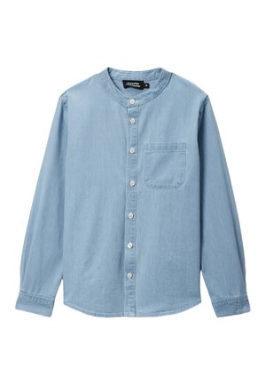 Chemise bleu clair à manches longues avec boutons et col mao, dotée d'une poche poitrine unique.