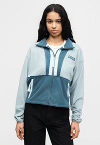 Νεαρή γυναίκα με μακριά σκούρα μαλλιά, που φοράει μπλε και ανοιχτό τιρκουάζ φλις ζακέτα με φερμουάρ και μαύρο παντελόνι, μπροστά σε απλό φόντο.