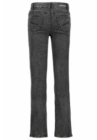 Czarne dżinsy z rozszerzanymi nogawkami o wyblakłej strukturze. Posiadają pięć kieszeni oraz zapięcie na guzik. Widoczne logo marki na pasku.