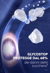 Immagine del prodotto Glycostop con cristalli trasparenti in movimento, su uno sfondo blu con un effetto di luce brillante e testo in grassetto.