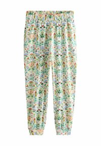 Pantaloni leggeri con vita elastica, caratterizzati da una stampa floreale e animale multicolore; principalmente colori pastello su sfondo bianco.