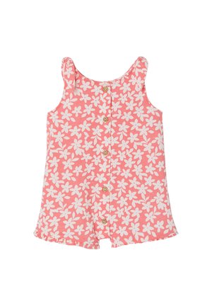 Sleeveless pink toddler romper with white floral pattern, button-down front, and ruffled hem detail.