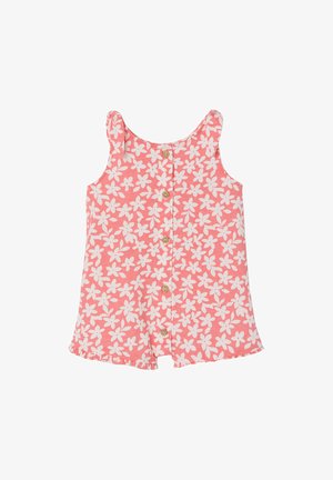 Ärmelloser rosa Babysommeranzug mit weißem Blumenmuster, Knopfleiste vorne und detailierter Rüschenkante am Saum.