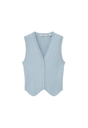 Jasnoniebieska bezrękawnikowa kamizelka z prążkowanej dzianiny z dekoltem w serek i zapięciem na guziki z przodu, z lekko falowanym dołem.