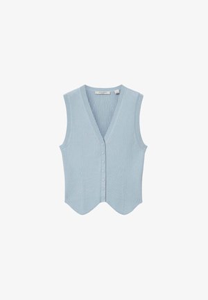 Jasnoniebieska bezrękawnikowa kamizelka z prążkowanej dzianiny z dekoltem w serek i zapięciem na guziki z przodu, z lekko falowanym dołem.