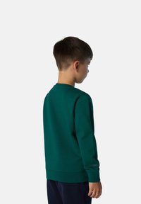 Grüner Baumwollpullover mit langen Ärmeln, gerippten Bündchen und Saum. Verfügt über einen Rundhalsausschnitt und ein kleines Textdetail am Ärmel.