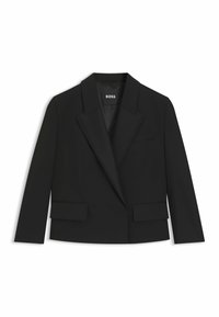 Zwarte cropped blazer met een gestructureerd ontwerp, scherpe revers, twee voorzakken en een enkele knoopsluiting. Gemaakt van een gladde stof.