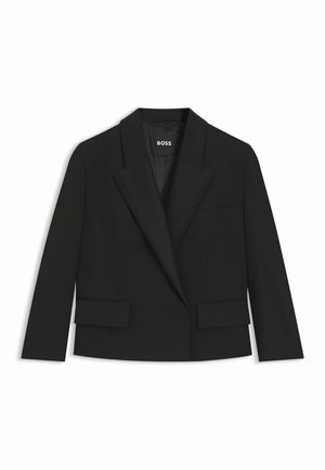 Schwarze, verkürzte Blazerjacke mit strukturiertem Design, scharfen Revers, zwei vorderen Taschen und einem Ein-Knopf-Verschluss. Hergestellt aus glattem Stoff.