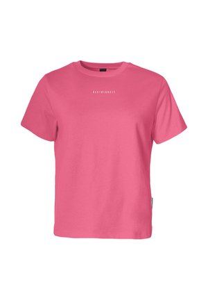 T-shirt rose à manches courtes avec col rond, texte blanc "KLEINIGKEIT" centré sur la poitrine, design simple et coupe ajustée.