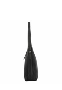 Borsa a spalla in pelle nera con un profilo sottile, una tracolla lunga e un compartimento con zip sul lato. Texture liscia e design minimale.