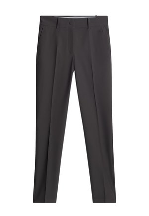 Pantaloni neri slim-fit su misura con passanti per cintura e tasche frontali, dotati di chiusura con bottone e zip.