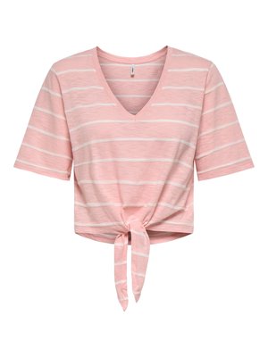 T-shirt rose à manches courtes avec col en V, rayures blanches horizontales et nœud noué devant à l'ourlet.