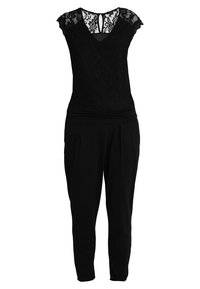 Black jumpsuit featuring a lace top with cap sleeves and a V-neck, paired with tapered pants. Soft fabric with an elastic waistband.