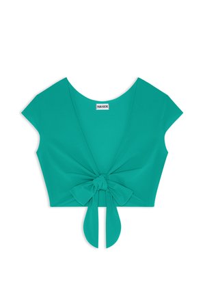 Top court turquoise à manches courtes, décolleté en V profond et détail de nœud frontal. Fabriqué en tissu lisse avec une texture douce.