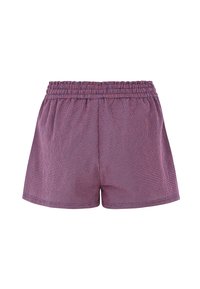 Pantaloni corti a quadri in tonalità di viola e blu nave, con una comoda vita elastica e una vestibilità ampia. Tessuto di cotone leggero.