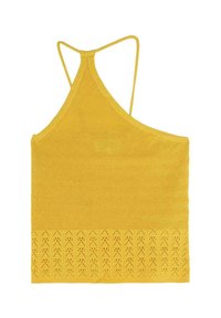 Žlutý pletený halter top s texturovaným designem a složitým otevřeným pletem na lemu. Nastavitelné popruhy v minimalistickém stylu.