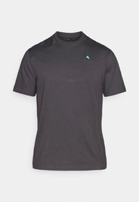 T-shirt de manga curta e decote redondo em algodão cinza-escuro com um acabamento texturizado. Apresenta um pequeno logótipo azul no lado esquerdo do peito.