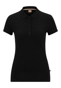 Schwarzes Polohemd aus Baumwolle mit klassischem Kragen, kurzen Ärmeln, einer Reihe von Knöpfen und einem dezenten Markenlogo auf der Brust.