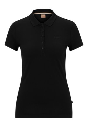 Schwarzes Polohemd aus Baumwolle mit klassischem Kragen, kurzen Ärmeln, einer Reihe von Knöpfen und einem dezenten Markenlogo auf der Brust.