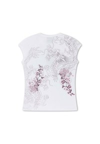 White sleeveless shirt with light gray dragon outlines and clusters of pink and purple floral designs on the back.