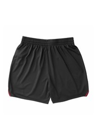 Schwarze athletische Shorts mit elastischem Bund. Sie zeichnen sich durch eine glatte Textur und rote Seitenakzente aus. Geeignet für sportliche Aktivitäten.