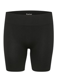 Zwarte, stretchy jersey shorts met een gladde textuur en een brede elastische tailleband. Bevat een label met de merknaam "Saint."
