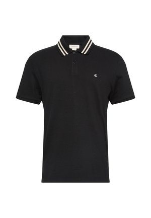 Fekete, pamutból készült galléros póló, kétgombos patenttal, hímzett logóval és krémszínű-fekete csíkos gallérral.