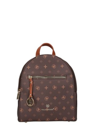 Zainetto marrone piccolo Valle Verde con motivo beige, tasca frontale con cerniera, manico in pelle e portachiavi con marchio.