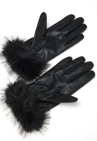Guantes de cuero negro con un suave puño de piel de pelo negro. Los guantes tienen un diseño ajustado con cinco dedos y una textura suave en todo su recorrido.