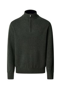 Donkergroene pullover trui met een hoge kraag en een halve rits. Gemaakt van gebreide stof met geribde manchetten en zoom. Subtiel logo op de borst.
