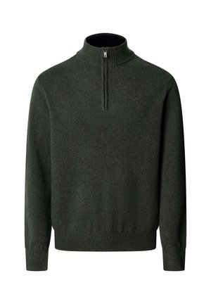 Pullover verde scuro con colletto alto e zip a metà. Realizzato in tessuto a maglia con polsini e orlo a coste. Logo discreto sul petto.